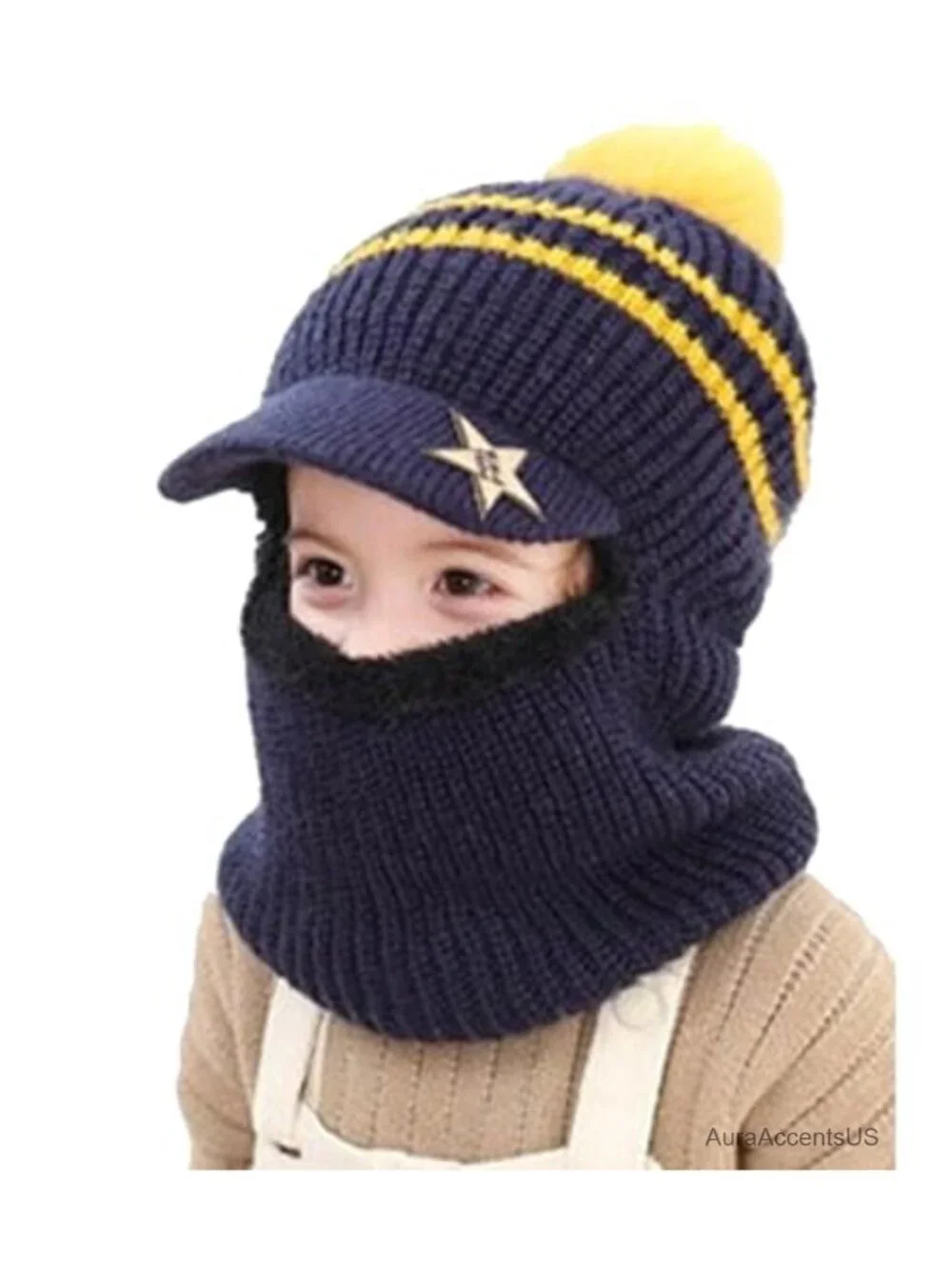 Kids Knit Winter Hat Earflap Hood Scarf Beanie Fleece Lined Toddler